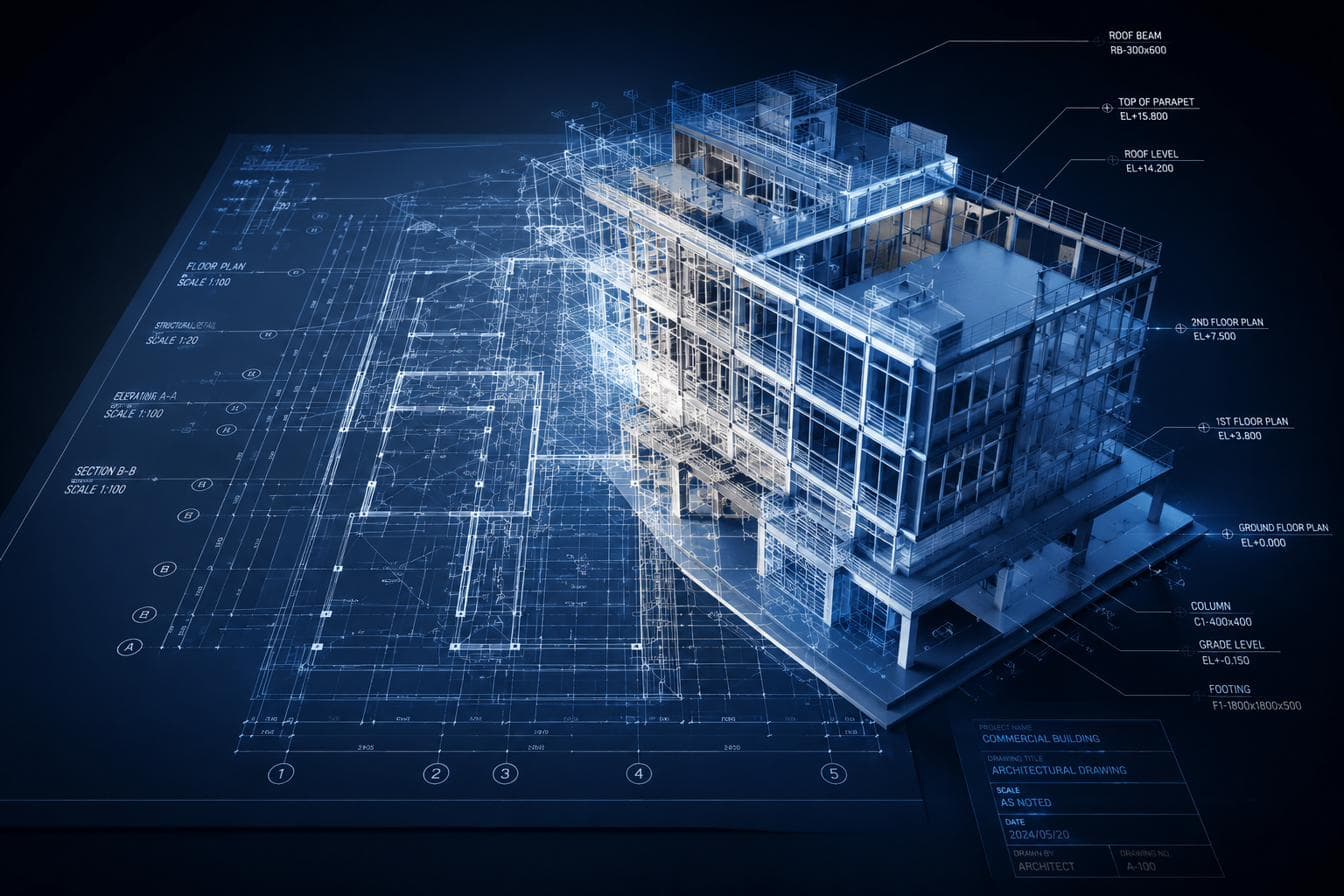 Architectural blueprint linework extruding into a 3D structural building model