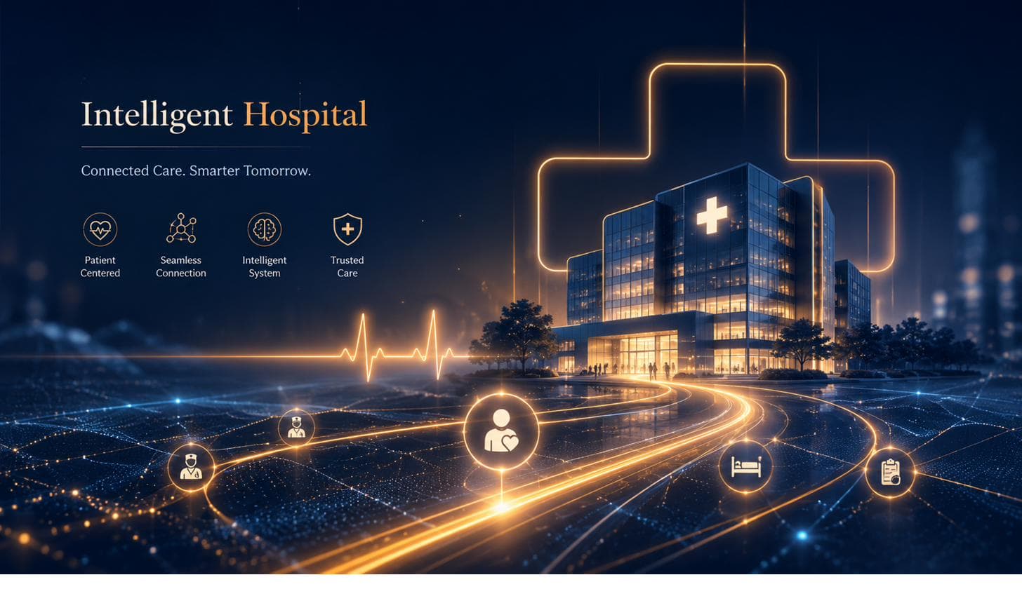 A modern hospital building connected by glowing care-pathway lines