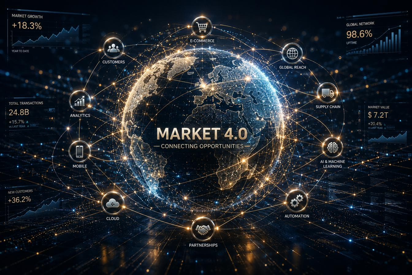 A glowing globe of connected commerce nodes representing Market 4.0