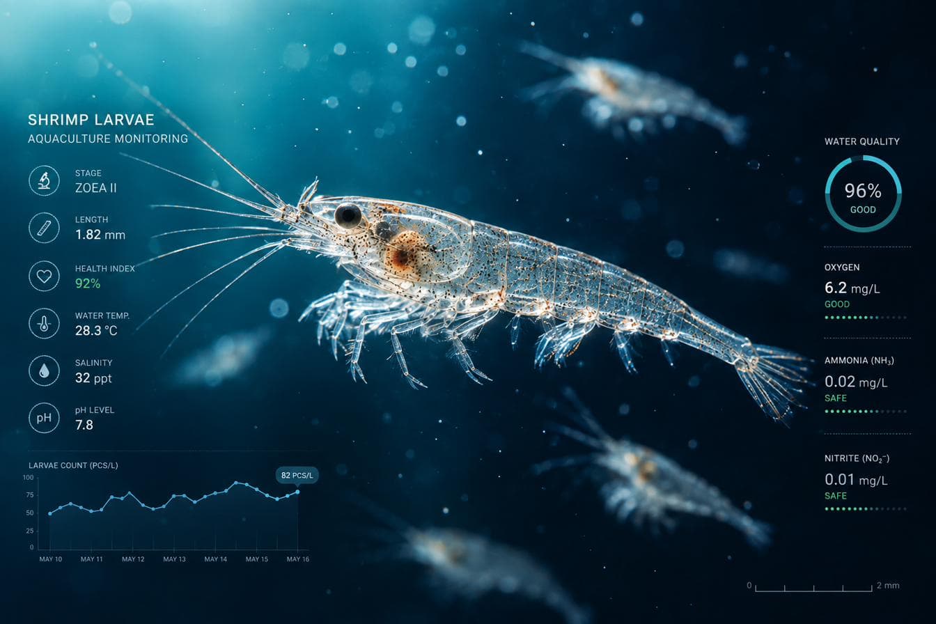 Macro view of a translucent shrimp larva with water-quality monitoring readouts