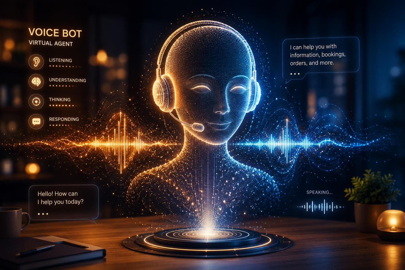 A softly glowing particle silhouette of a virtual agent with voice waveforms