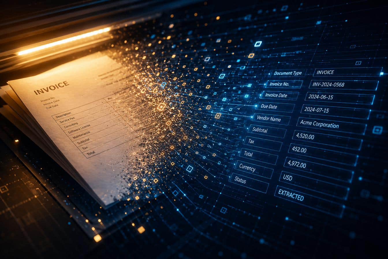 An invoice dissolving into glowing structured data fields